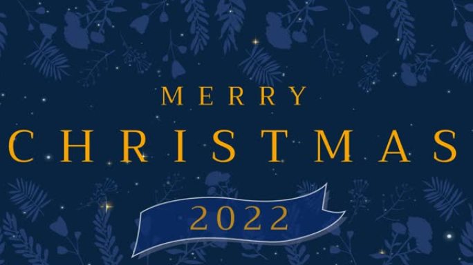 动画圣诞快乐2022文字与鲜花在蓝色背景