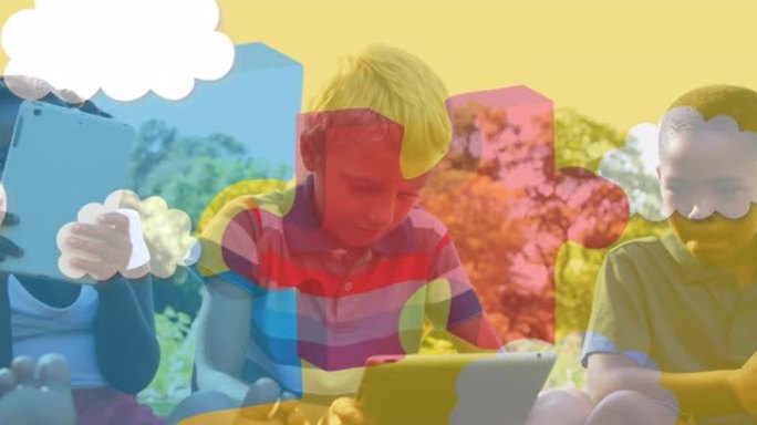 使用平板电脑在儿童身上制作彩色拼图的动画