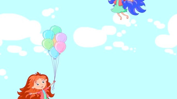一个红蓝头发的女孩拿着气球向上飞