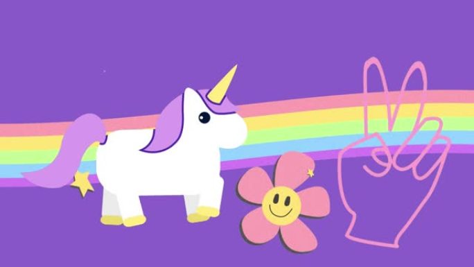 独角兽动画，手在紫色背景上显示胜利标志和彩虹上的花朵