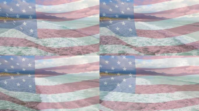 在海滩和大海的鸟瞰图上挥舞美国国旗的数字构图
