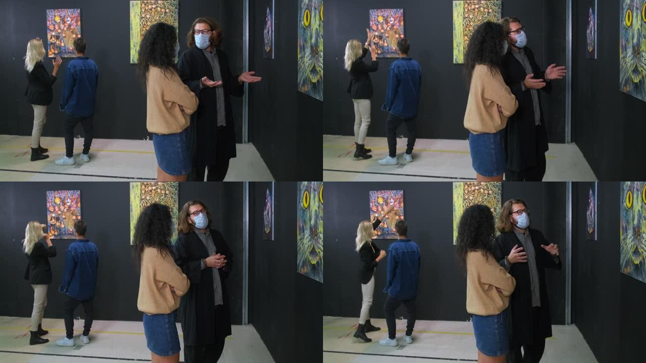 年轻人戴着口罩参观新型冠状病毒肺炎大流行的博物馆