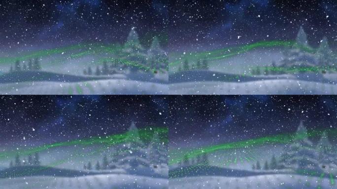 冬季景观和北极光下的积雪动画