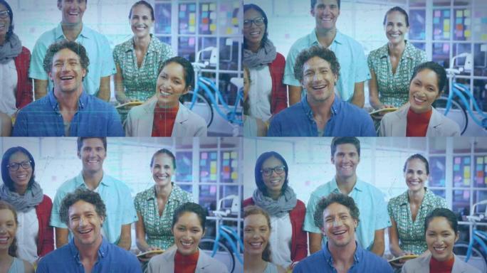 办公室中不同工作同事的微笑团队肖像上的数据处理动画