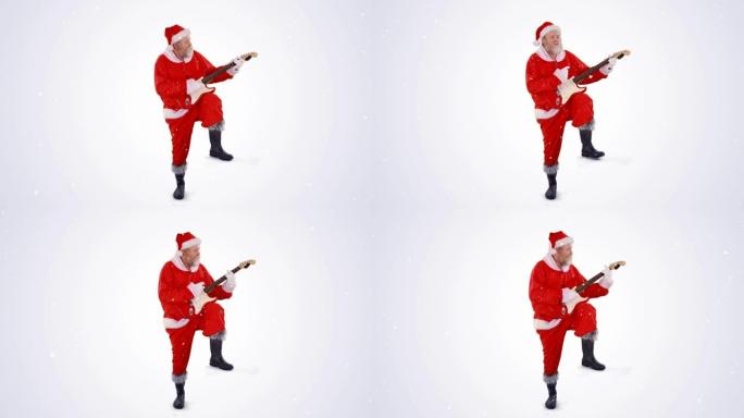 雪落在圣诞老人上，在灰色背景下弹奏电吉他