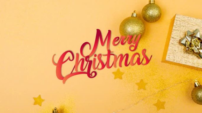 黄色背景上的圣诞快乐文字、礼物和小玩意动画