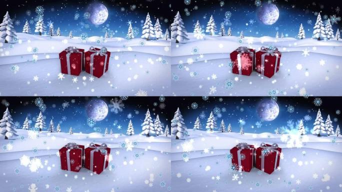 冬天的圣诞节礼物上飘着雪的动画