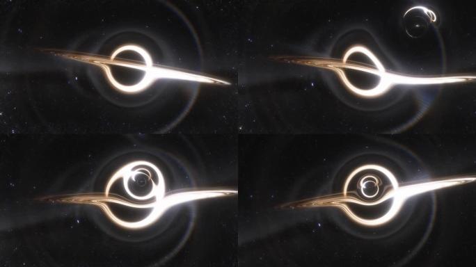 带有吸积盘的超大质量黑洞旁边的虫洞动画。空间和时间被强大的重力变形