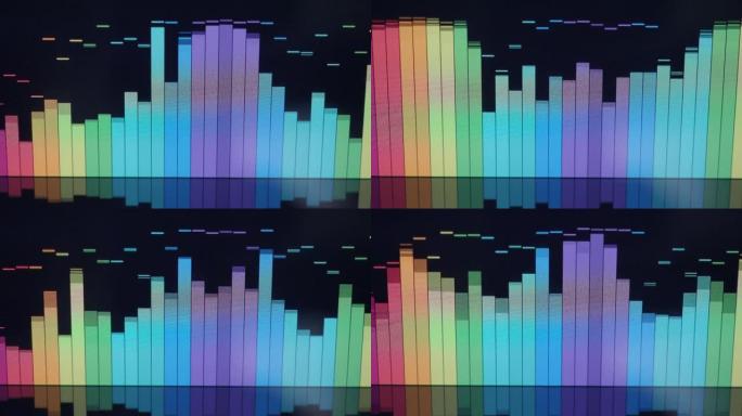 音乐均衡器栏。黑色背景循环动画上的音频波形均衡器。音乐或声波镜头。彩色声音均衡器摘要。梯度谱条音乐图