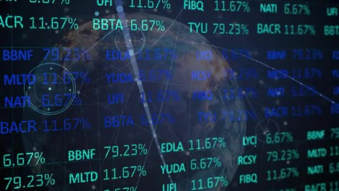 股市屏幕上的连接网络动画金融数据与地球仪