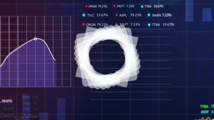 股票市场上的抽象几何形状旋转和蓝色背景上的金融数据处理