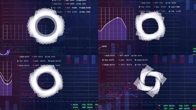 股票市场上的抽象几何形状旋转和蓝色背景上的金融数据处理