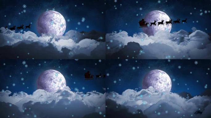 圣诞老人在雪橇上的动画与驯鹿在月球上