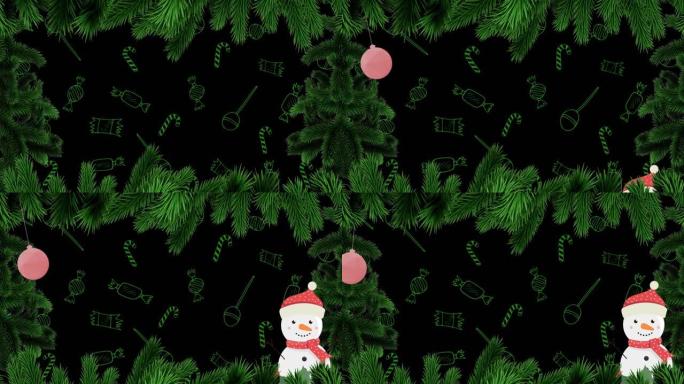 杉木和糖果上的圣诞节装饰品的动画