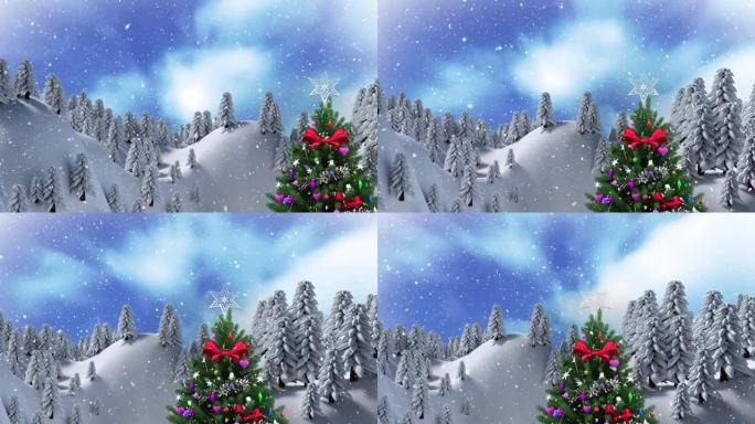 雪花落在圣诞树，枞树和冬季景观上的动画
