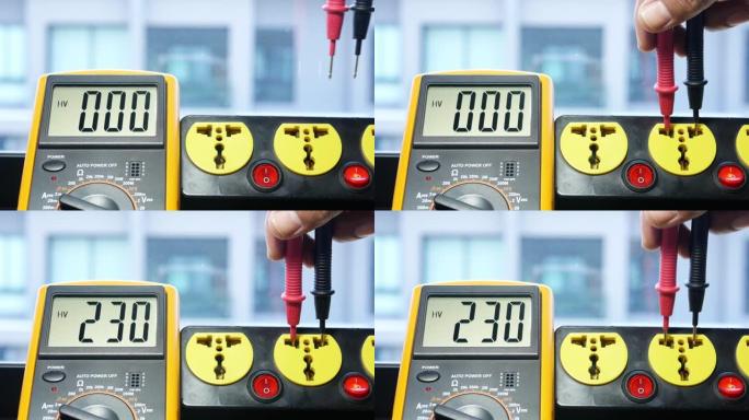 用数字仪表从电源插座测量230伏的交流电压。