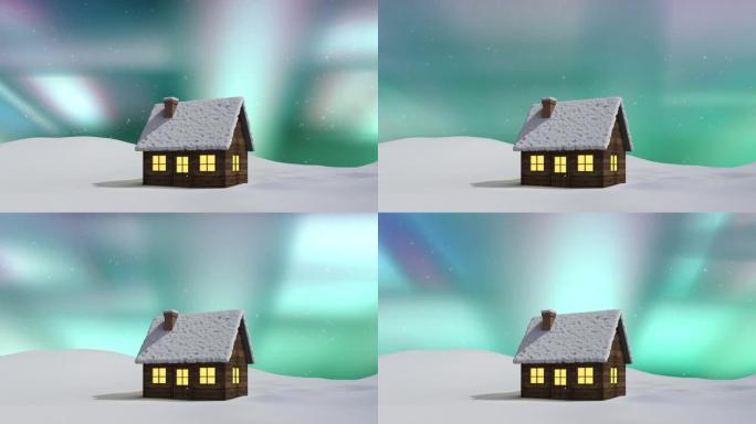 圣诞节在极光和冬季风景下的房屋动画