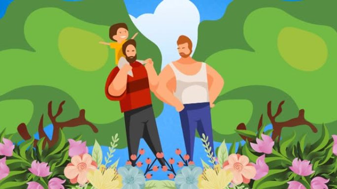 快乐的两个父亲抱着孩子在自然风光上的动画