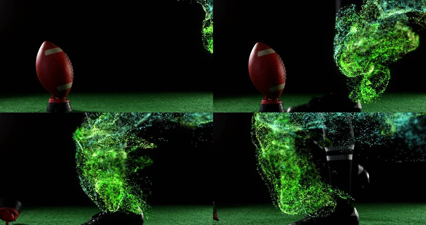 发光的绿色粒子在橄榄球运动员踢球上移动的动画