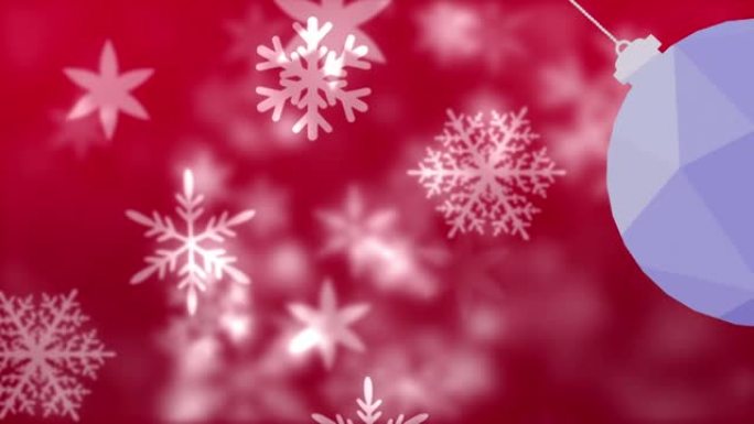红色背景上的雪花和圣诞摆设动画