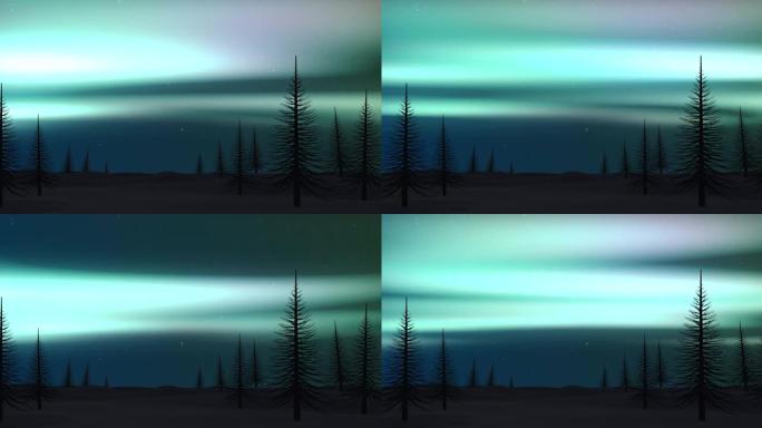 北极光的动画在枞树的轮廓上发光