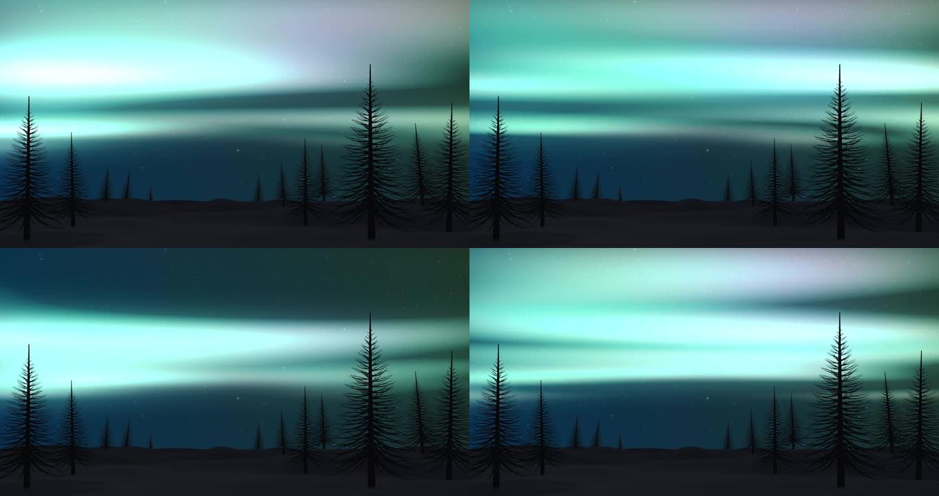 北极光的动画在枞树的轮廓上发光