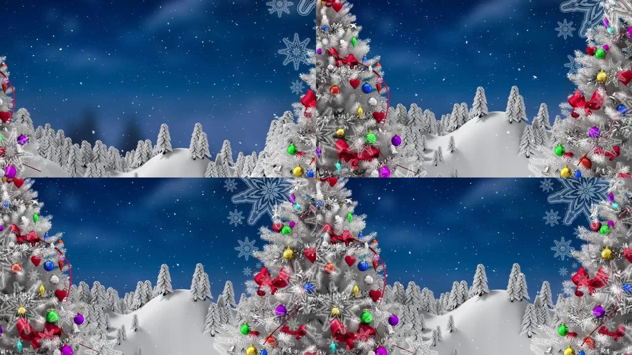 雪花落在圣诞树和冬季景观上的动画