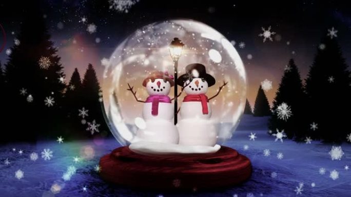 雪人在降雪和冬季景观上的雪球动画