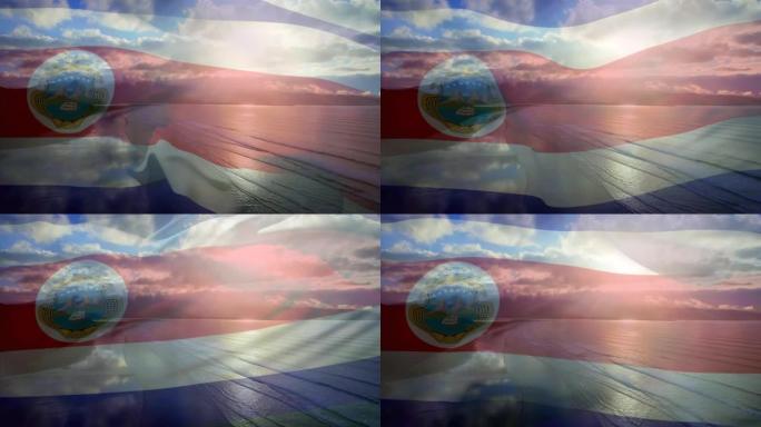 数字组成挥舞的哥斯达黎加旗帜反对海滩的鸟瞰图
