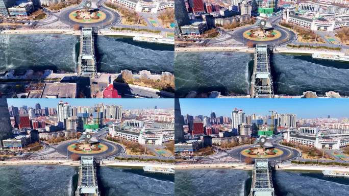 天津市冬季梅河城市风景航拍建筑与天空