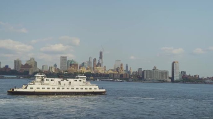 城市摩天大楼和船只从纽约市市中心越过河