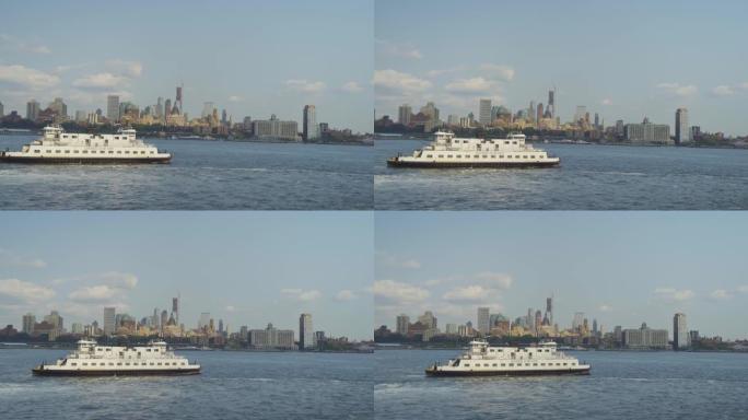 城市摩天大楼和船只从纽约市市中心越过河