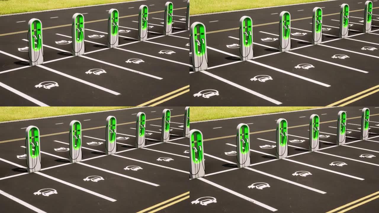 鸟瞰图，无品牌户外电动汽车充电设施与绿色的汽车充电器