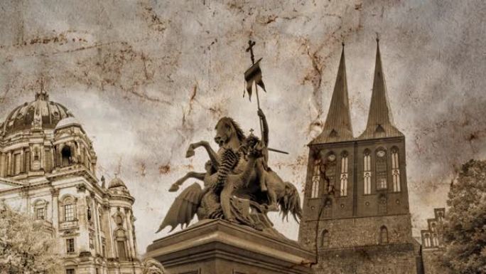 德国柏林地标的慢动作拼贴在老式皱巴巴的纸上，天空延时云彩。具有视差效果的创意4k视频动画。