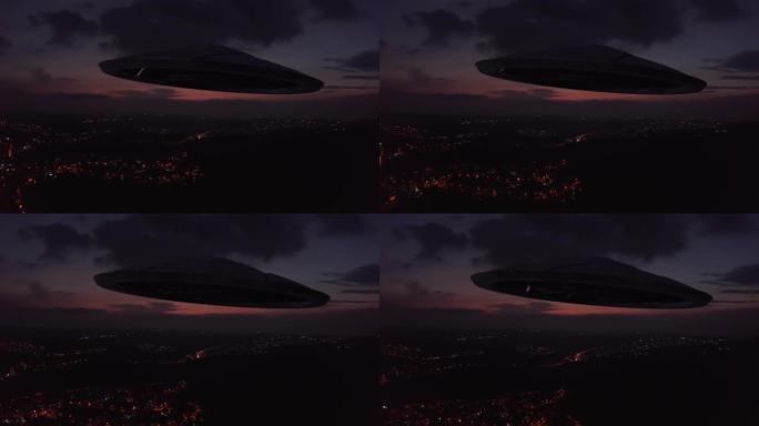 日落时分，巨大的外星飞船飞碟在城市上空掠过，