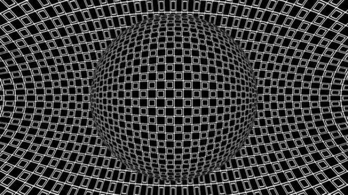 黑白单色光学错觉，几何图案，超现实催眠无缝循环运动背景，迷幻时尚装饰虚幻错觉3d渲染动画