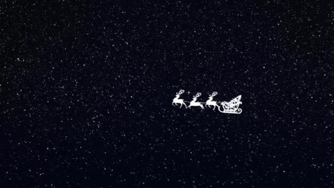 雪落在雪橇上的圣诞老人的剪影上，被驯鹿拉着黑色背景