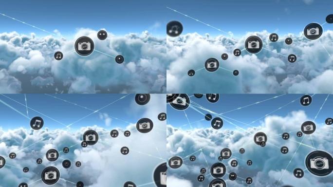 图标与相机和笔记在云上的连接网络动画