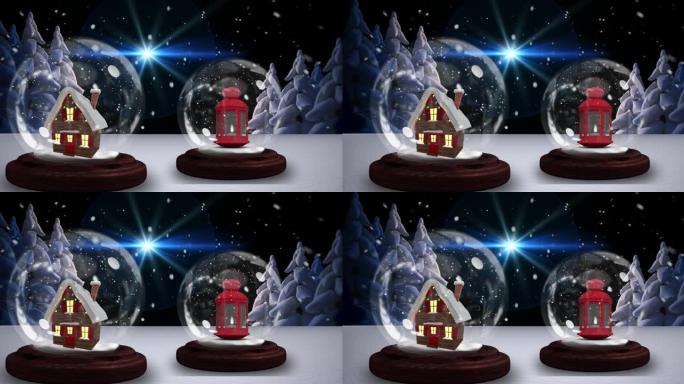 两个带房子的雪球和圣诞灯笼的动画，冬天的雪落下