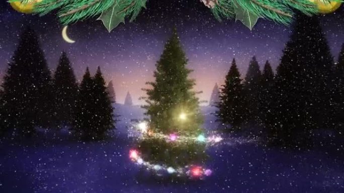冬天风景下的雪和星星掉落在圣诞树上的动画和圣诞节装饰