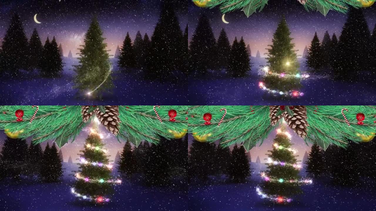 冬天风景下的雪和星星掉落在圣诞树上的动画和圣诞节装饰