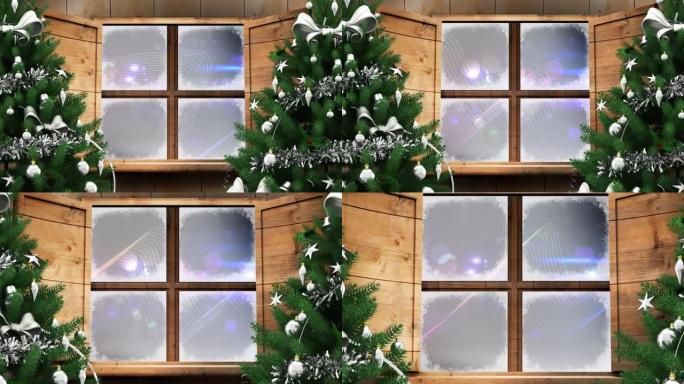 数字波和黑色背景上的两棵圣诞树和木制窗框