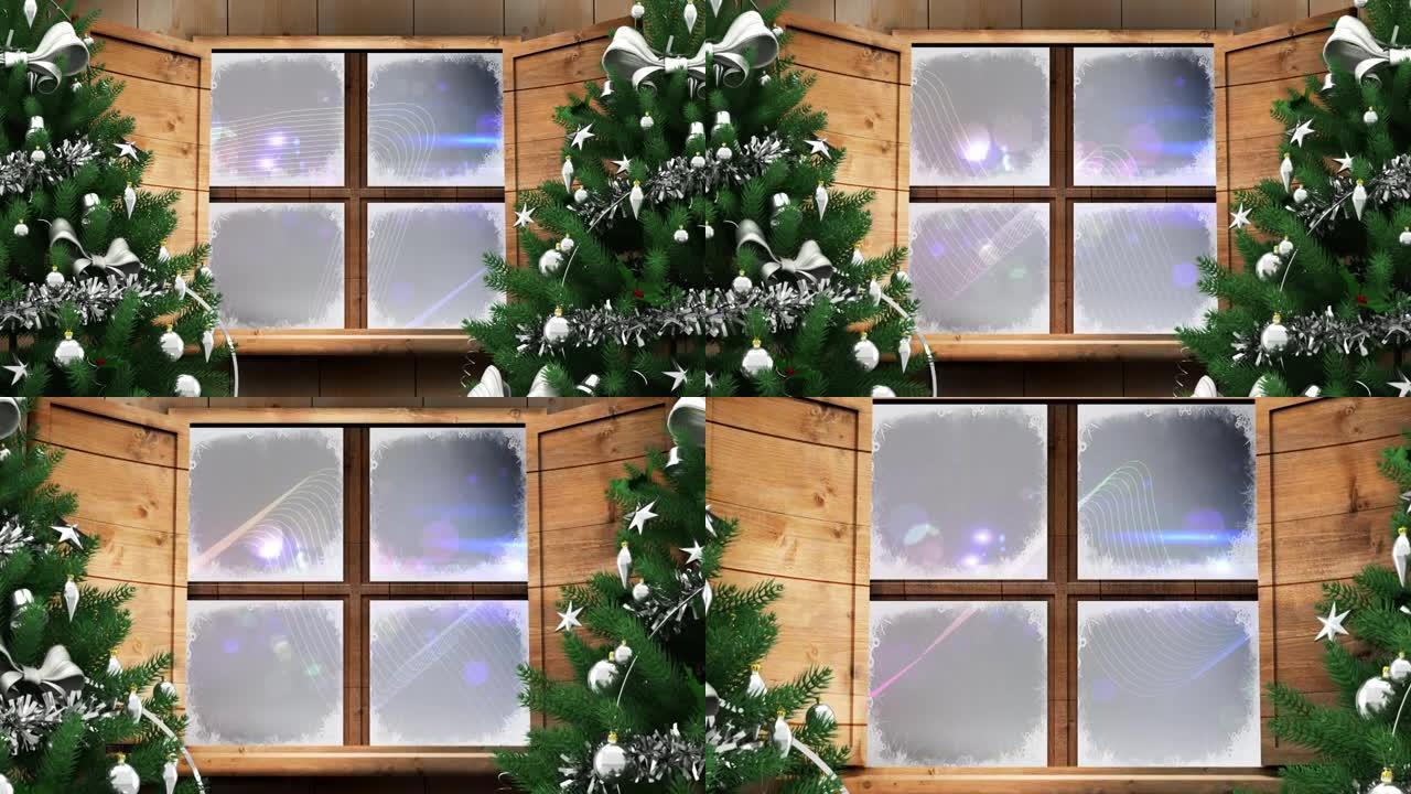 数字波和黑色背景上的两棵圣诞树和木制窗框