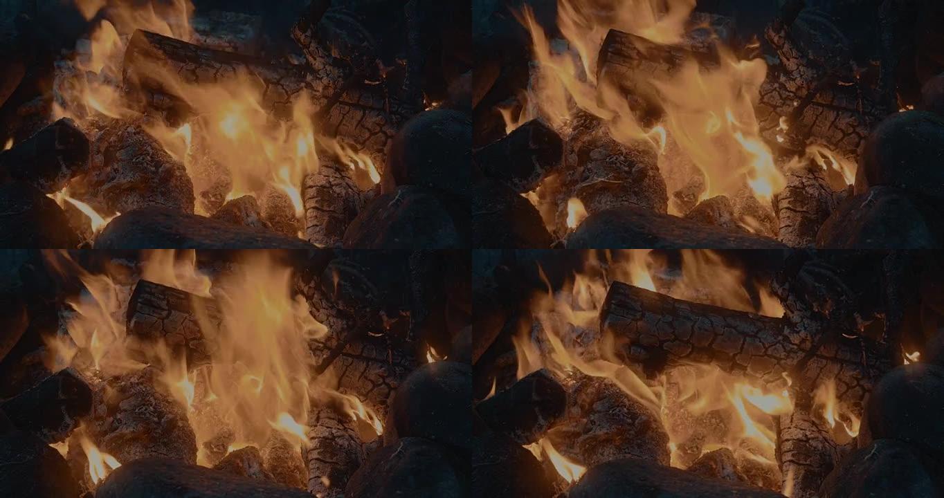晚上用燃烧的木头篝火。