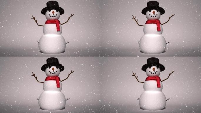 灰色背景上的雪落在微笑的雪人上的动画