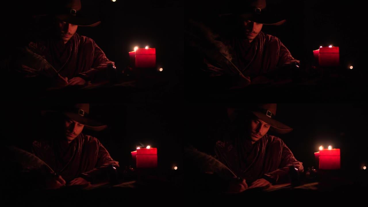巫师用羽毛笔和墨水在纸上书写。被蜡烛点燃。戴着魔法帽和服装的人。