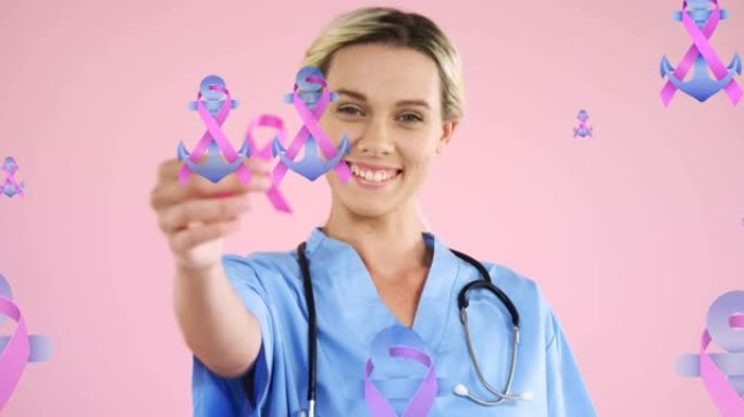 粉红丝带和锚标志的动画，漂浮在微笑的女医生拿着粉红丝带