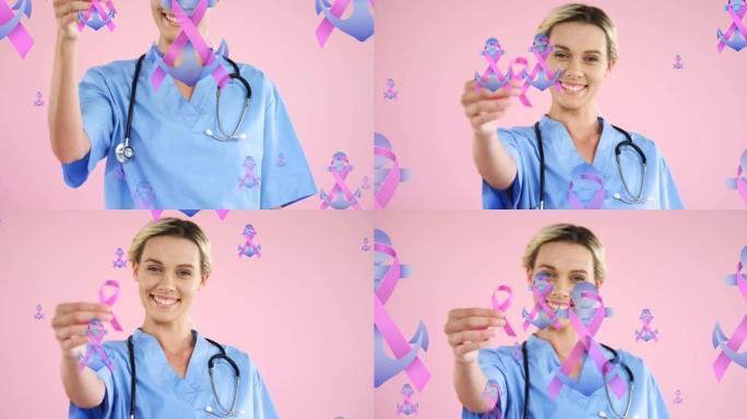 粉红丝带和锚标志的动画，漂浮在微笑的女医生拿着粉红丝带