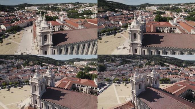 Alcobaca修道院的正面立面细节，哥特式和巴洛克式的建筑综合体，空中拍摄。