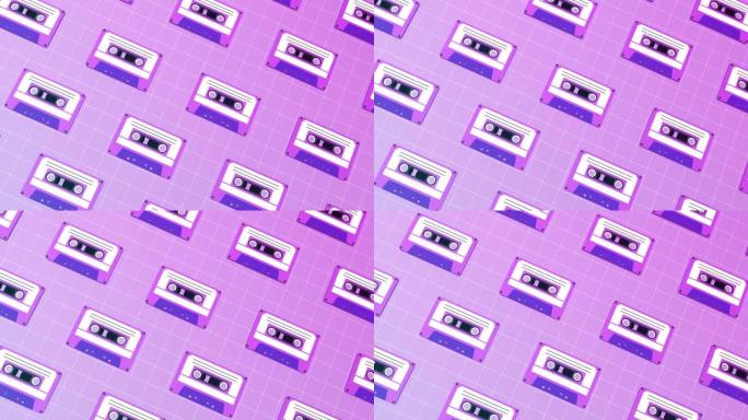 Vaporwave风格盒式磁带图案循环动画。抽象运动图形。瓷砖地板90年代复古磁带迪斯科音乐混音录音